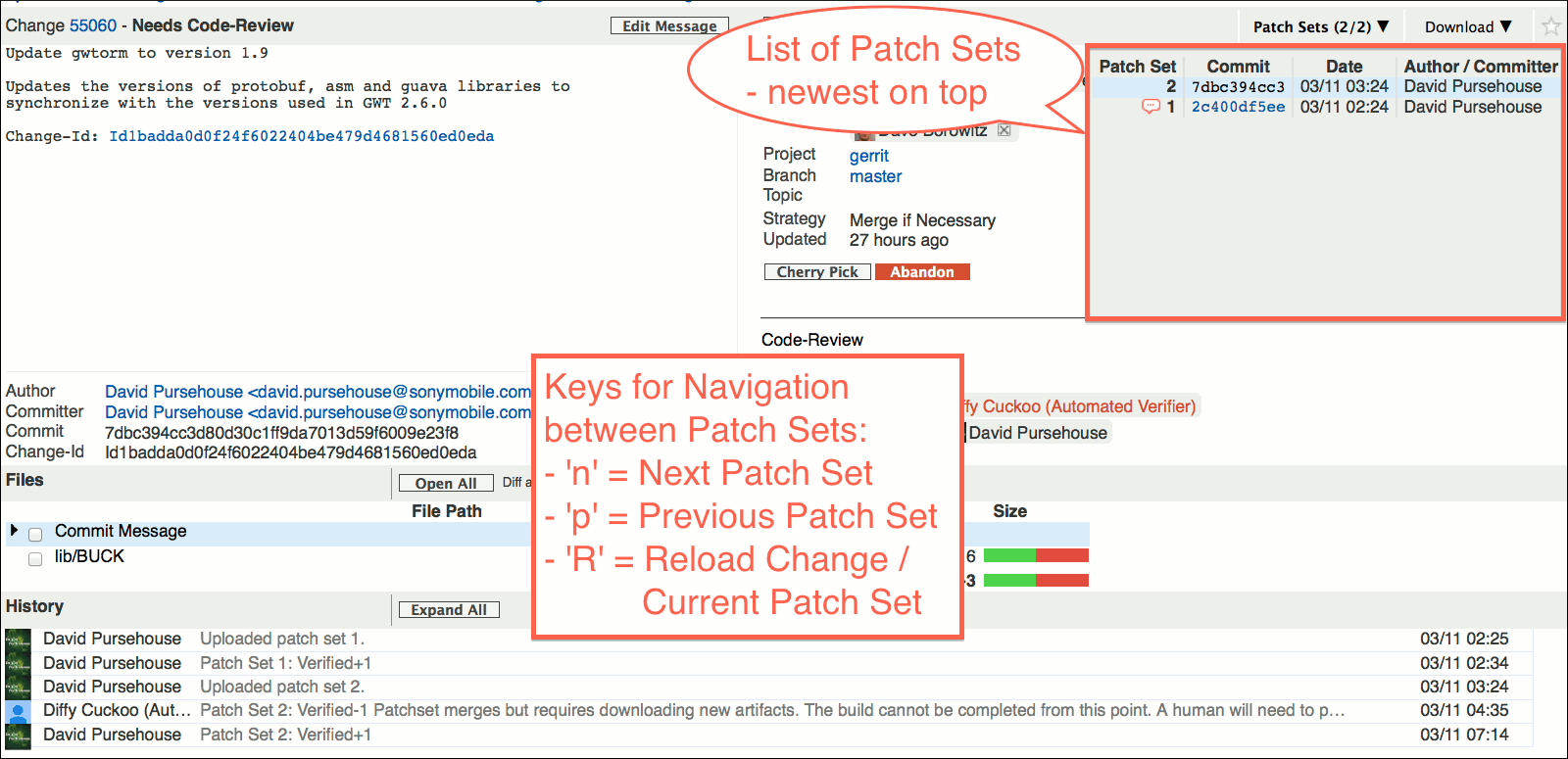 user review ui change screen patch set list
