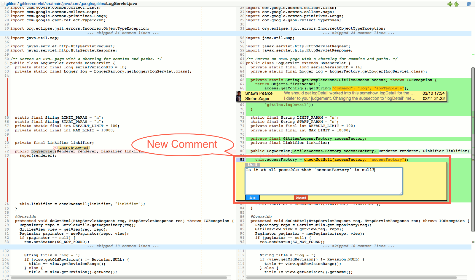 user review ui side by side diff screen commented